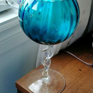 Vintage Empoli Hand Blown Italian Glass Brandy Snifter Teal 12" tall